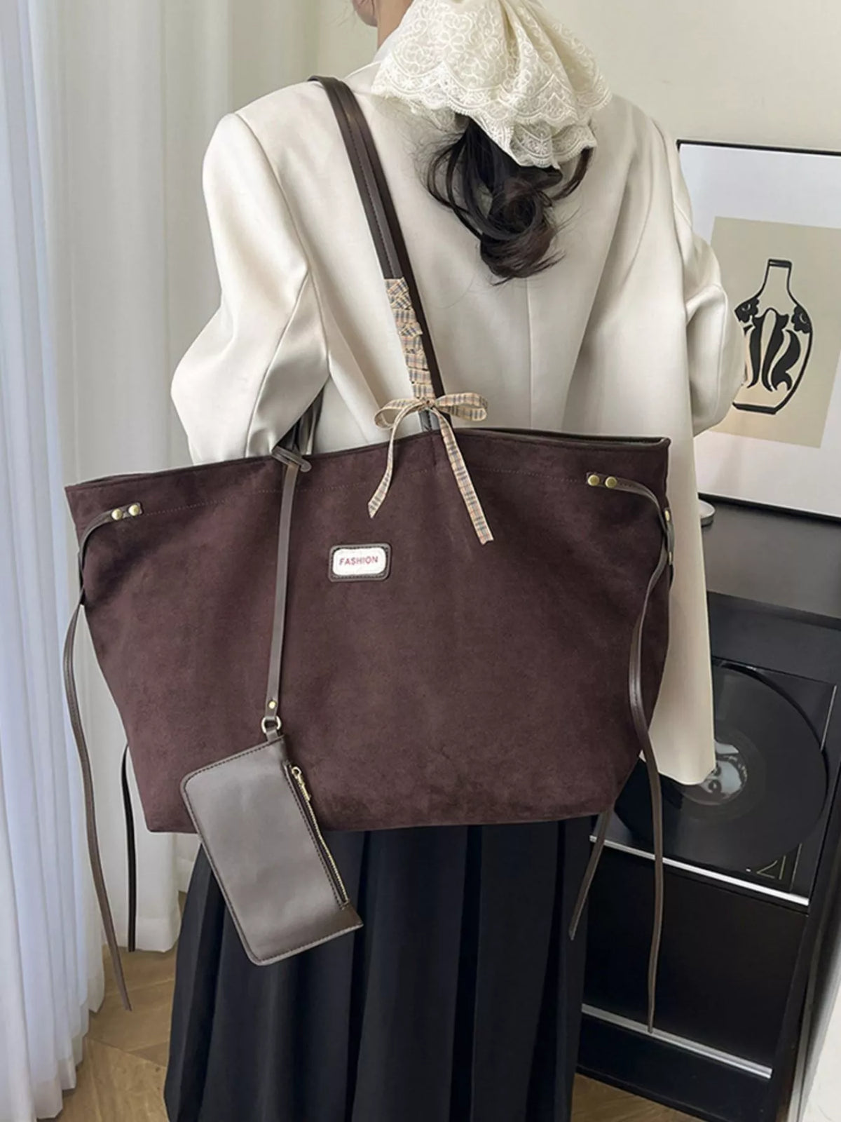 Chocolate suede large tote bag with front label patch and side mini crossbody pouch