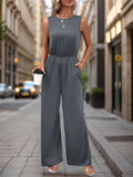 Dark gray round neck wide-leg jumpsuit, sleeveless with gathered waist