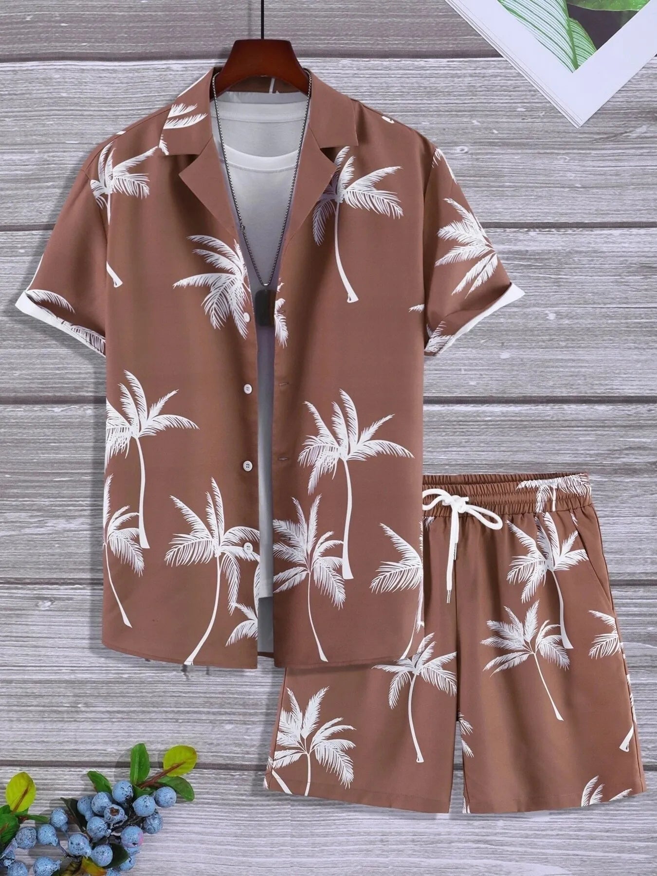 Brown palm print button-up shirt and matching shorts set