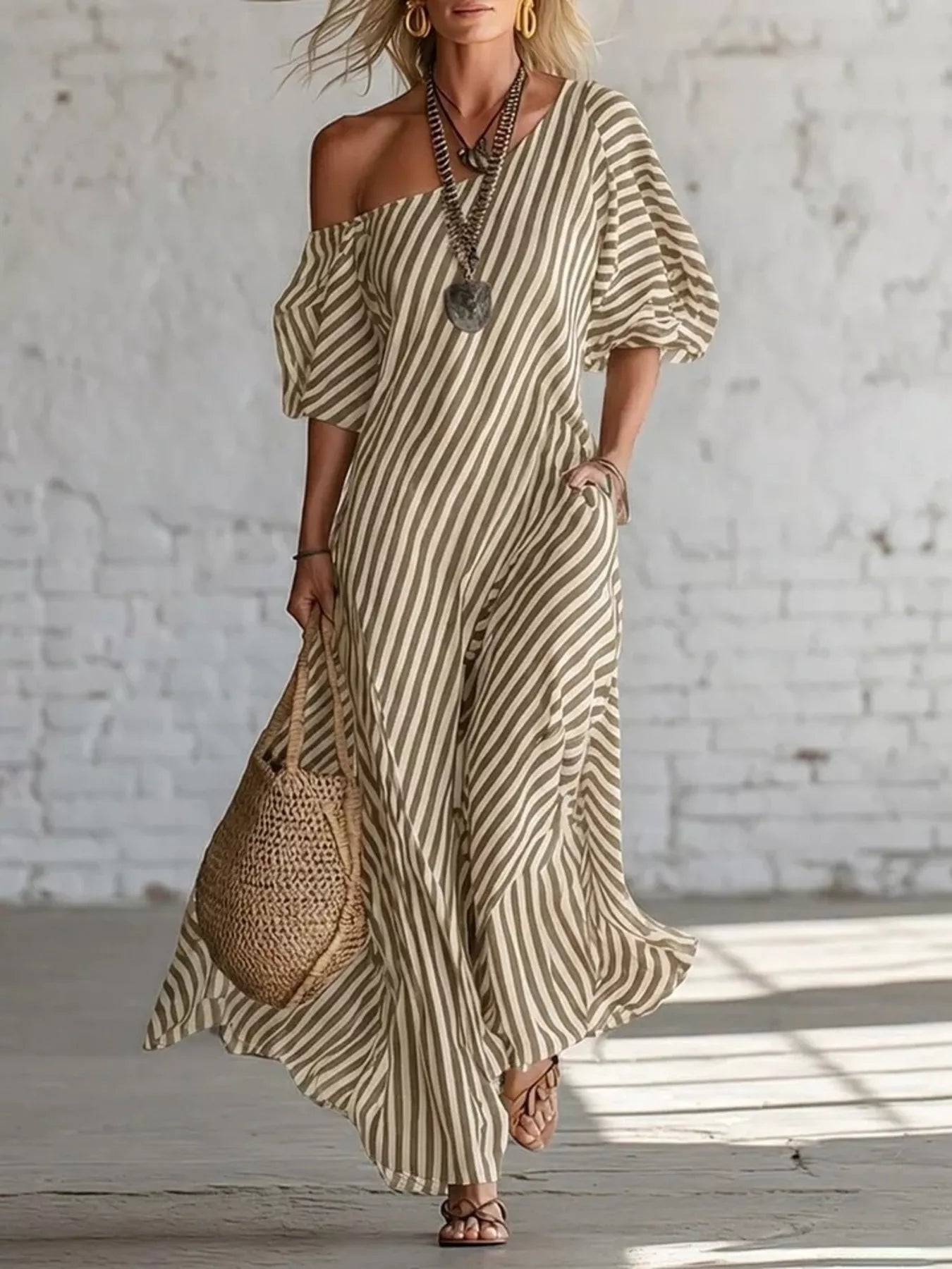 Cedar & Moore striped one-shoulder maxi dress with puff sleeves, beige and olive, plus size