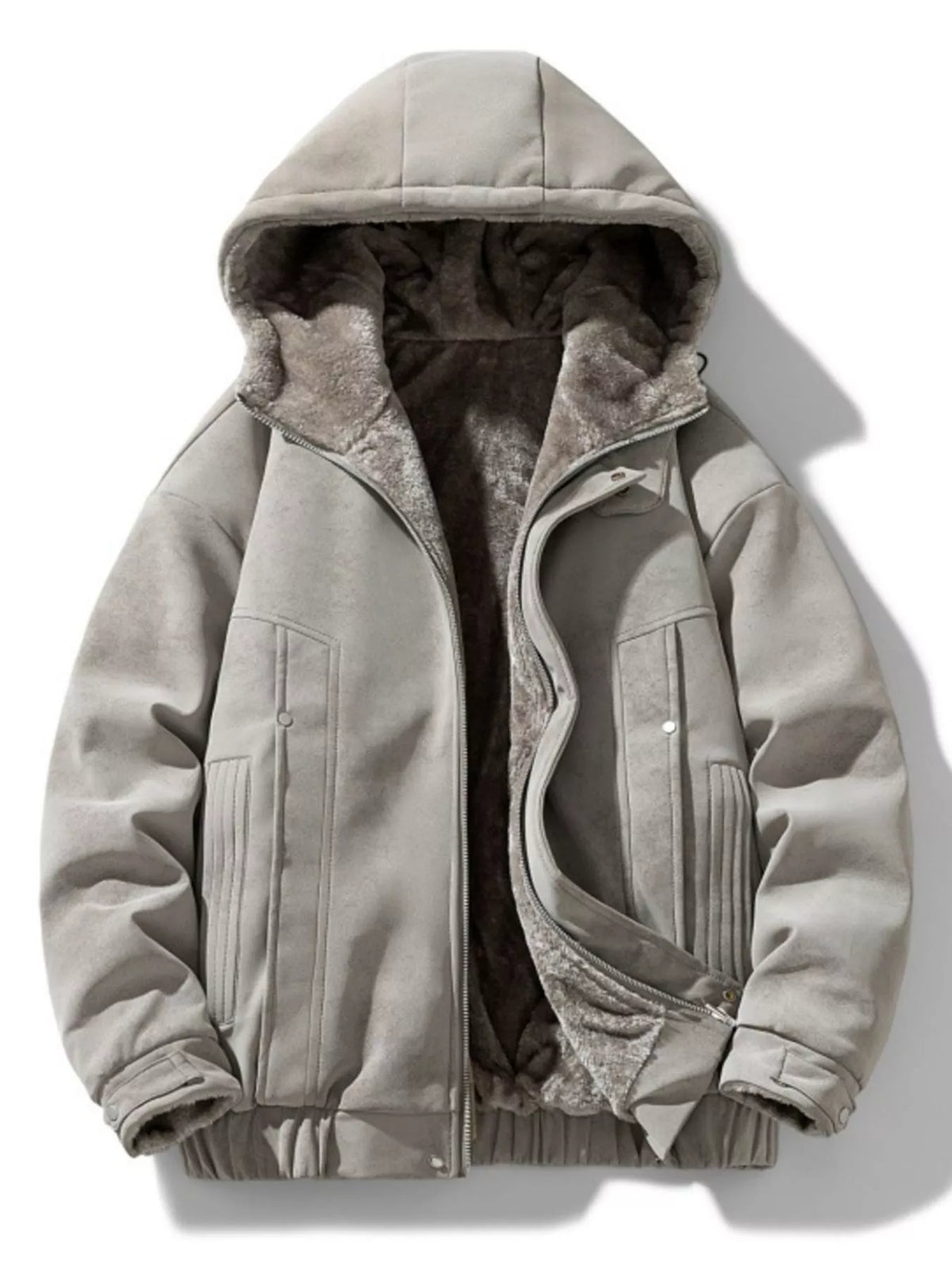 Men's light gray hooded fleece-lined winter jacket with full-zip front and snap pockets