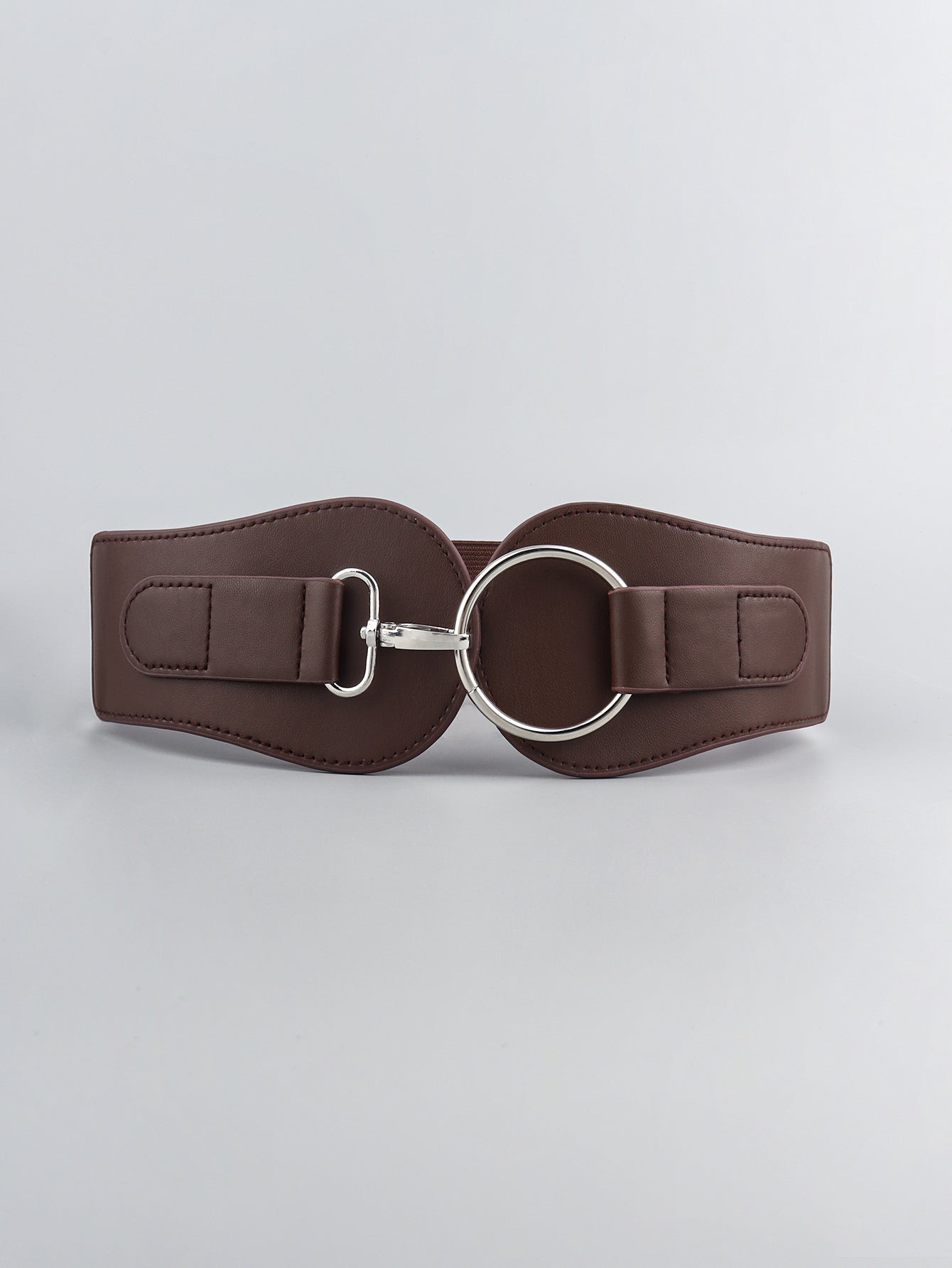 Caramel brown elastic vegan leather belt, oval metal buckle with two attachment tabs