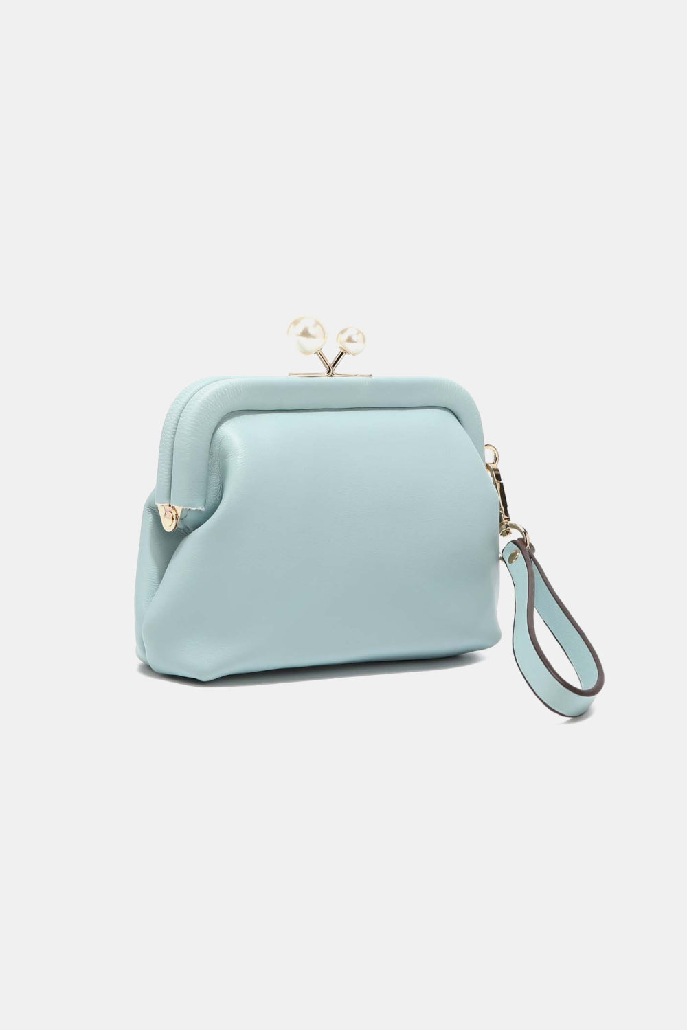 Nicole Lee USA Elise pearl coin purse, light blue with bead clasp and wrist strap