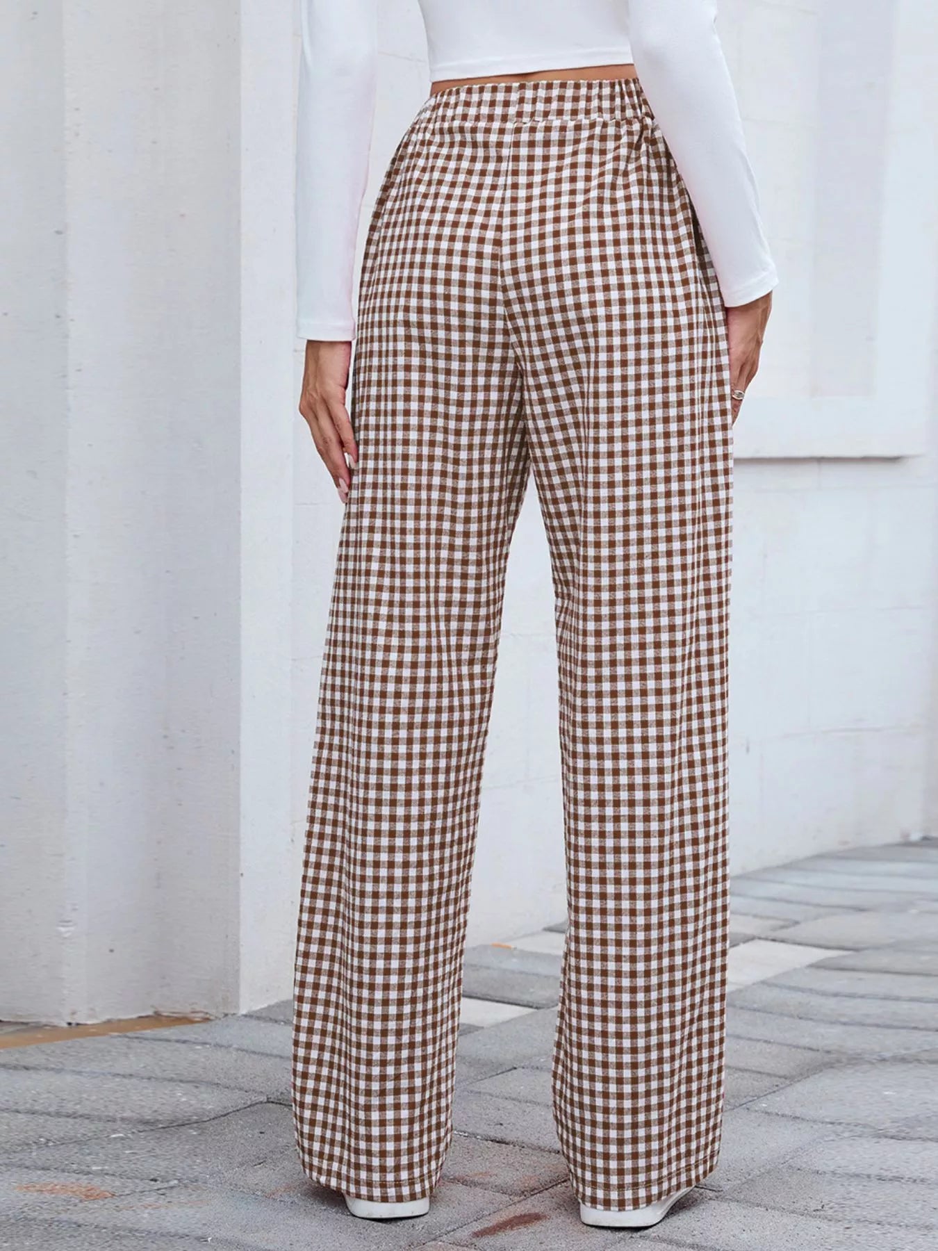 Brown and white plaid wide-leg casual pants with elastic waistband
