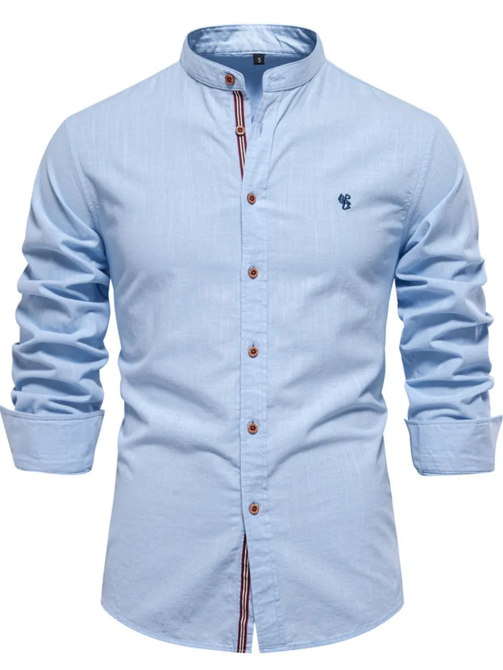 Men's light blue button-down shirt with embroidered chest logo and collar button placket