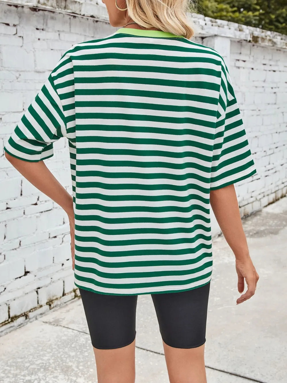 Dark green and white striped round-neck short-sleeve T-shirt, back view
