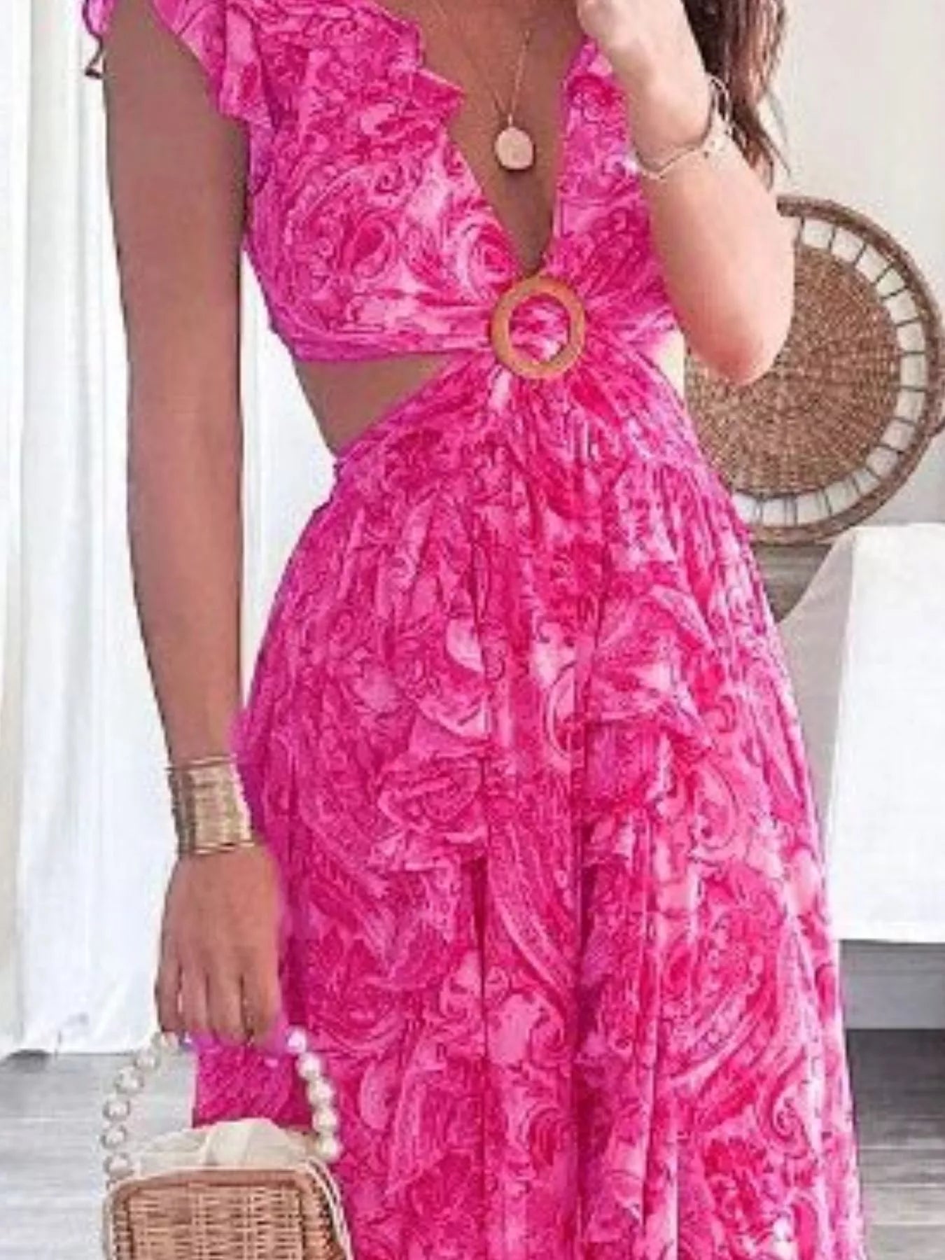 Cedar & Moore Full Size Ruffled Cutout V-Neck Maxi Dress Plus Size pink floral waist cutout