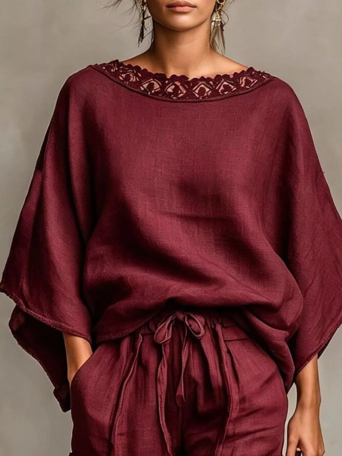 Burgundy lace-trim oversized top with drawstring shorts set
