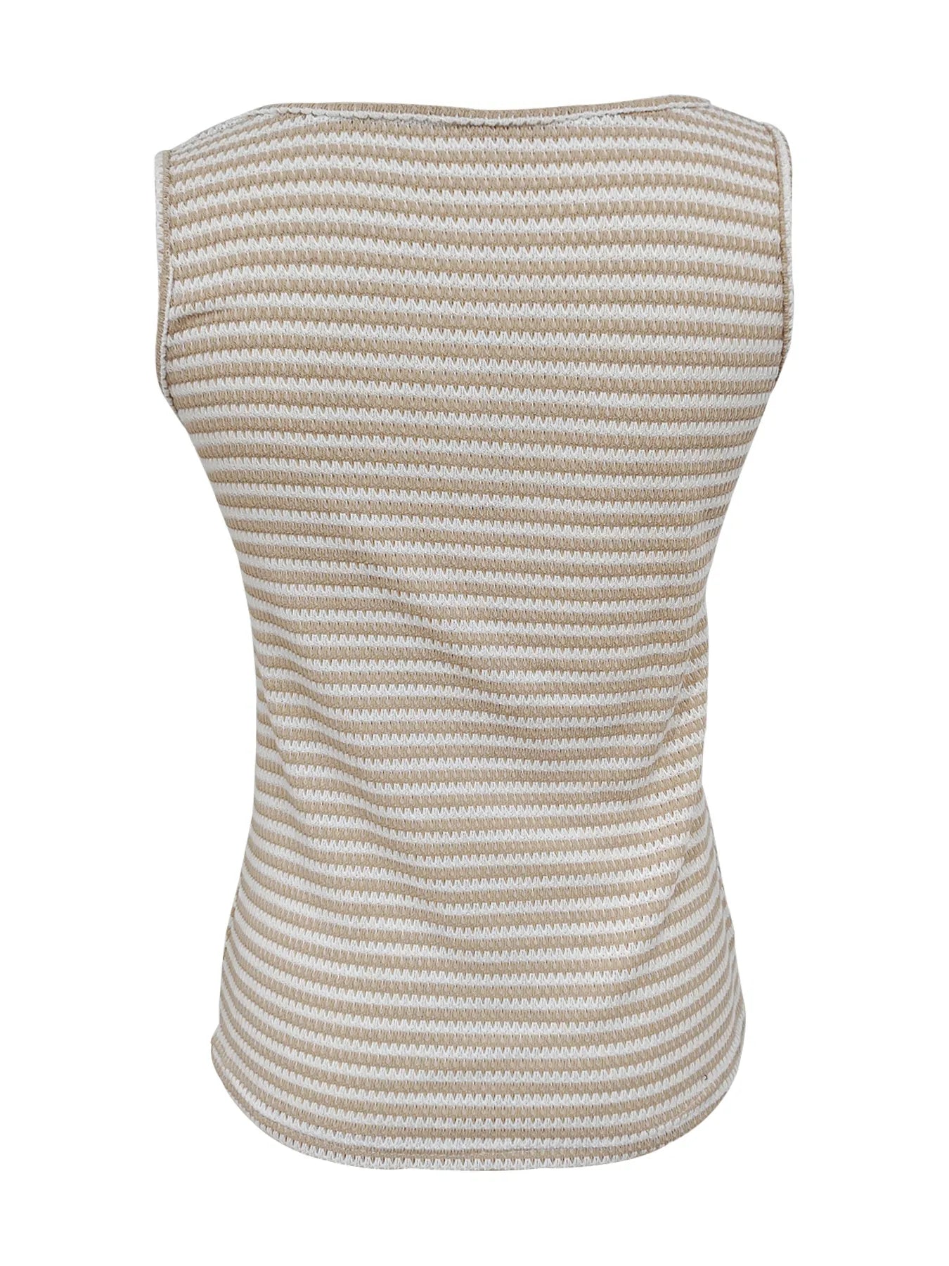 Striped knit button-front tank top in cream and taupe tones with sleeveless V-neck