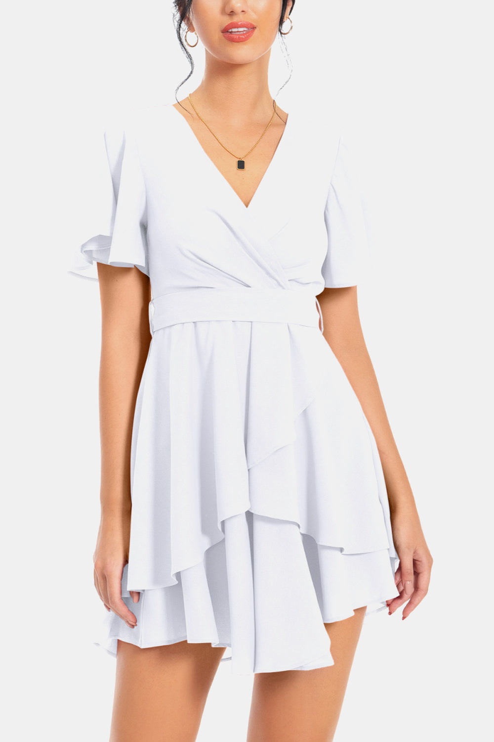 White surplice V-neck flutter sleeve tiered mini dress with belted waist