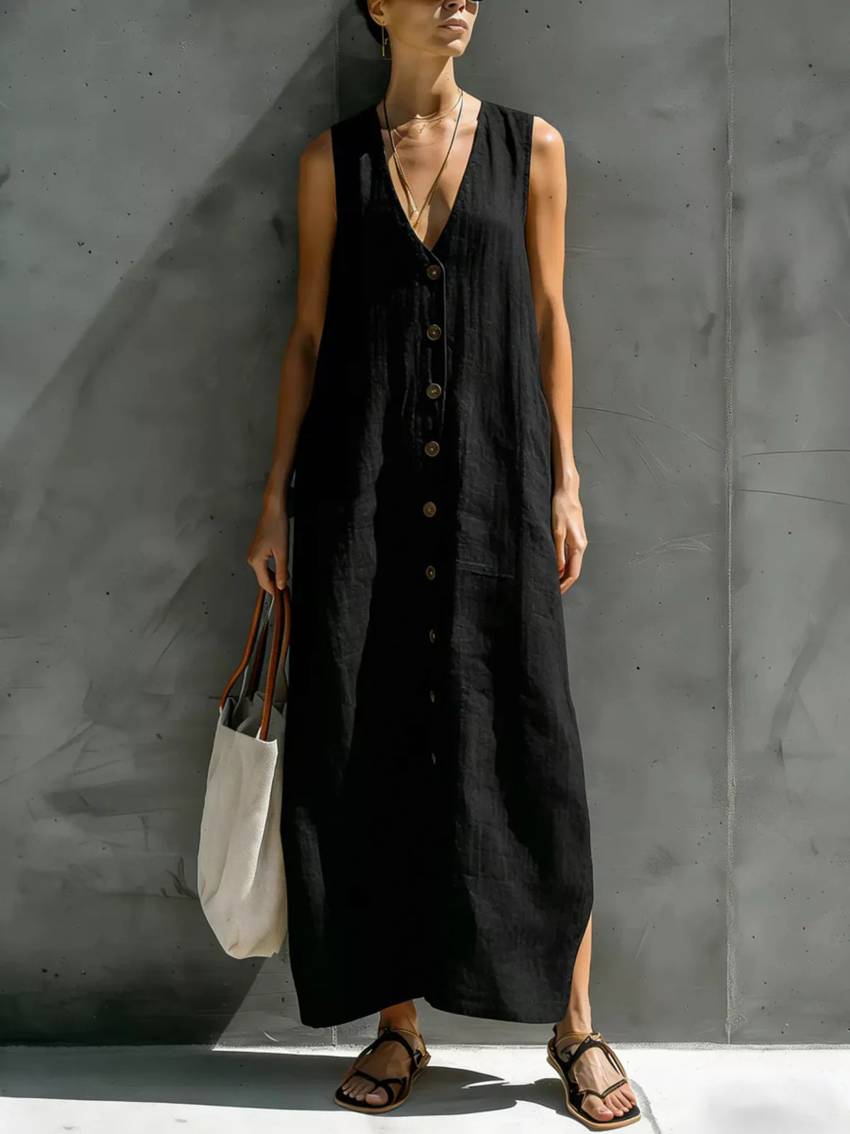 Sleeveless V-neck button-front maxi dress, black with gold button placket