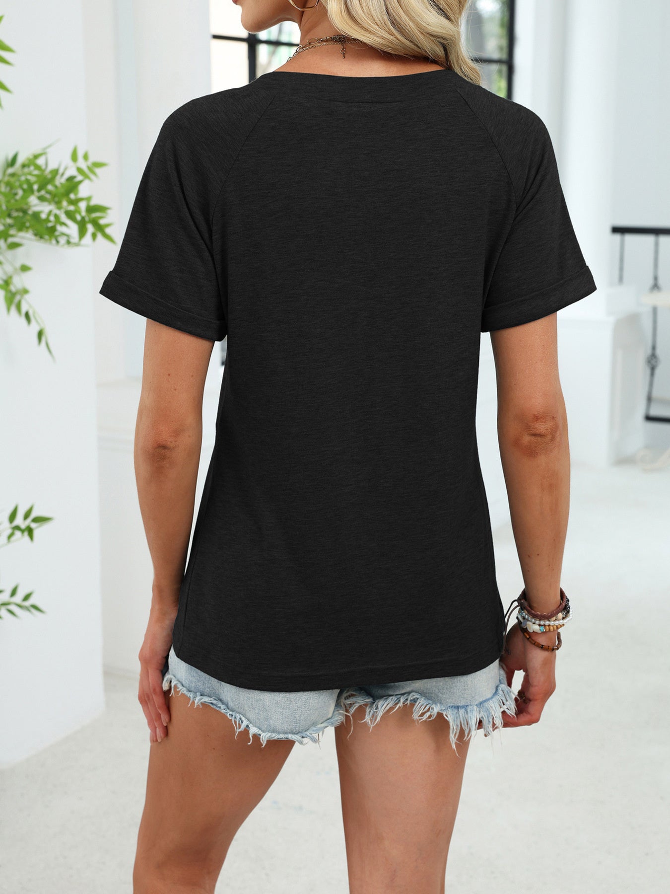 Cedar & Moore Casual V-Neck Short Sleeve T-Shirt in black, back view with rolled sleeves