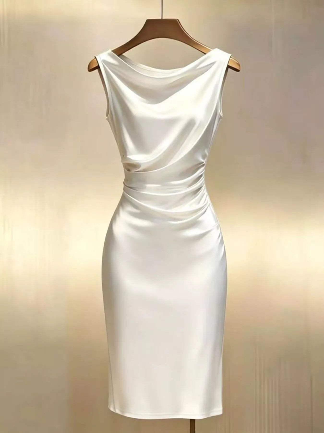White satin cowl neck ruched sleeveless midi dress with drape detail