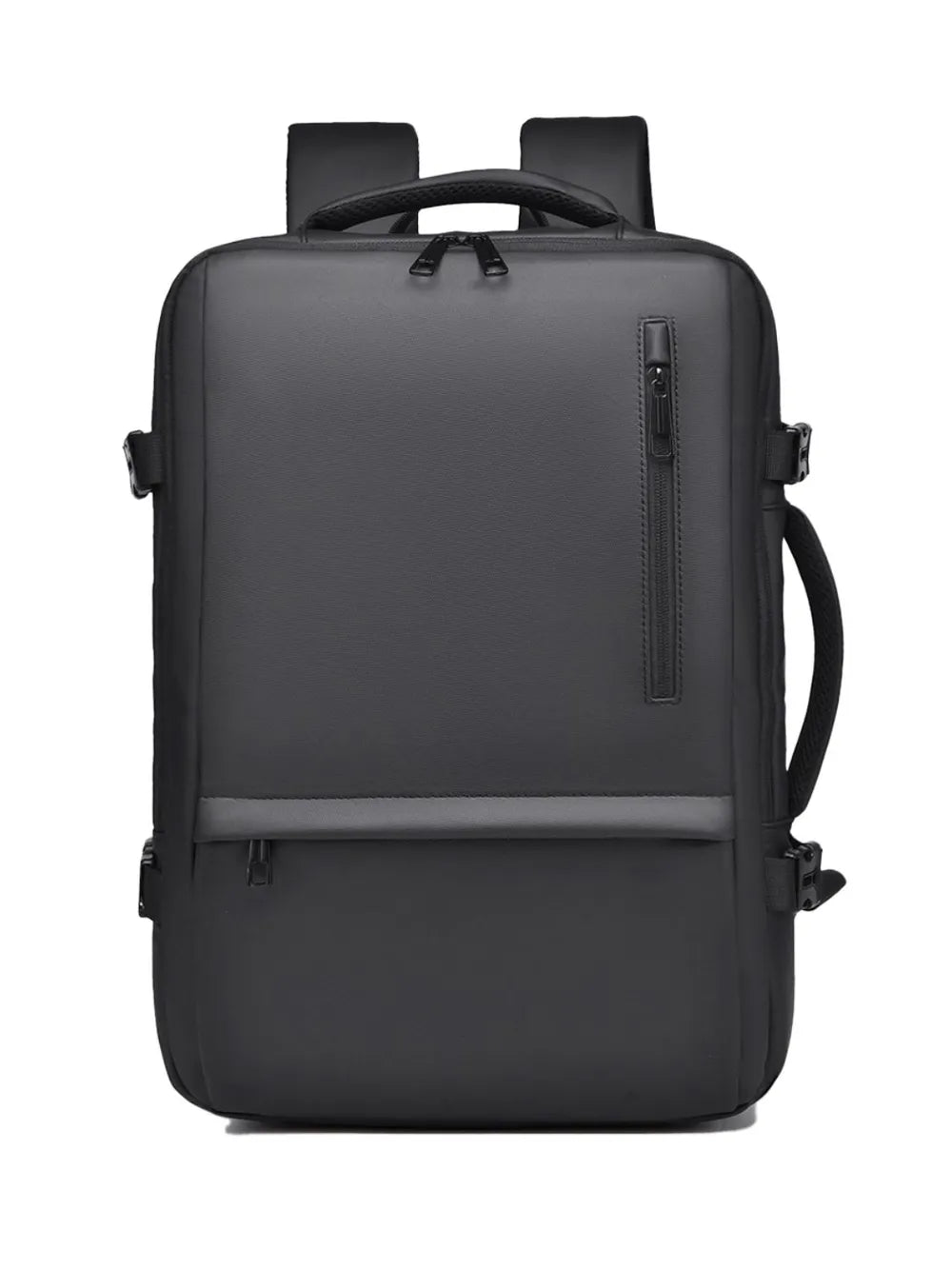 Black backpack with top handle, front zip pocket panel, and side strap attachments.