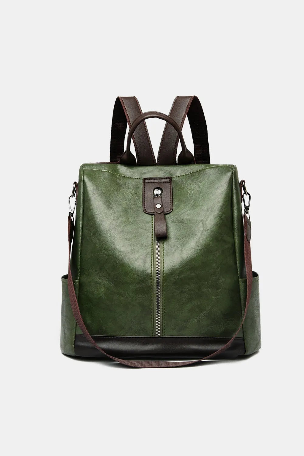 Dark green vegan leather backpack bag with front zipper and top handle straps