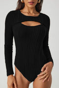 Black ribbed knit bodysuit with long sleeves, round neck and chest cutout