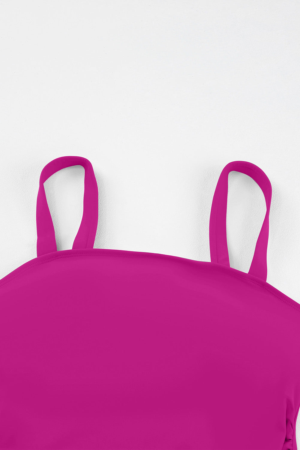 Ruched tankini top with two magenta shoulder straps and gathered back