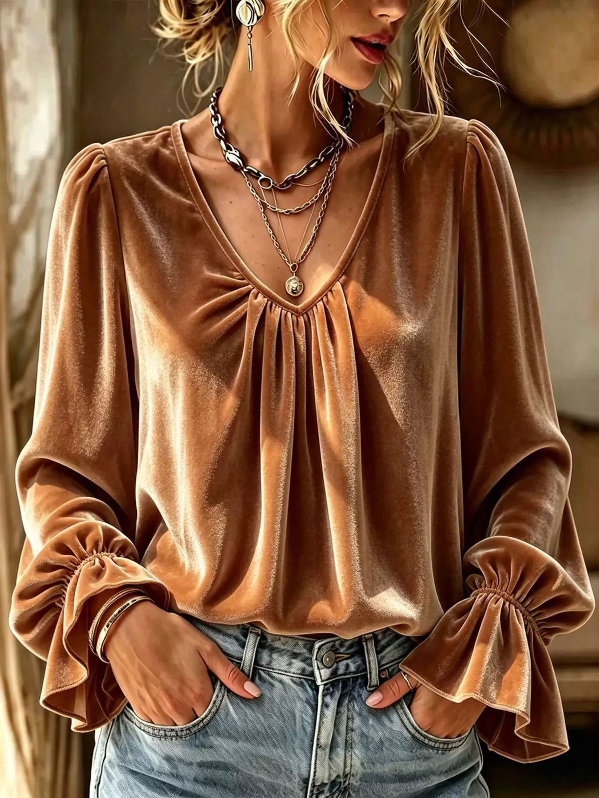 Caramel brown V-neck ruched blouse with pleated front and flounce cuffs