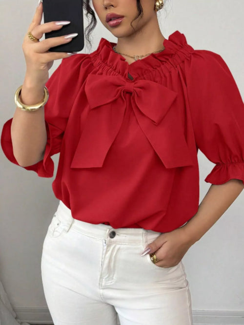 Red off-shoulder bow flounce sleeve blouse with gathered neckline and bow detail