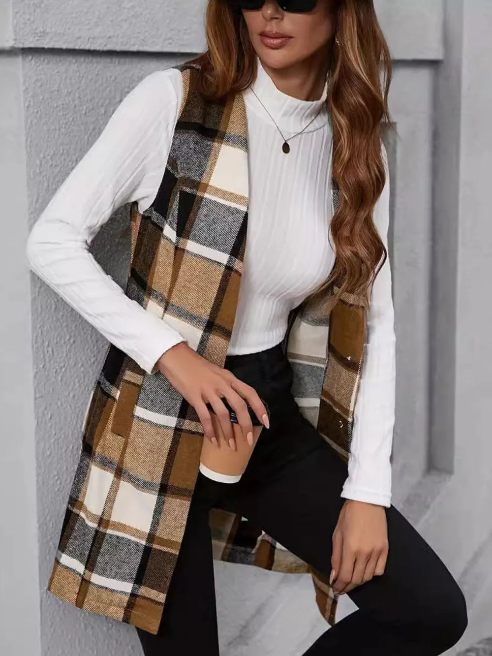 Plaid sleeveless vest coat with V-neck, camel and black and cream panel