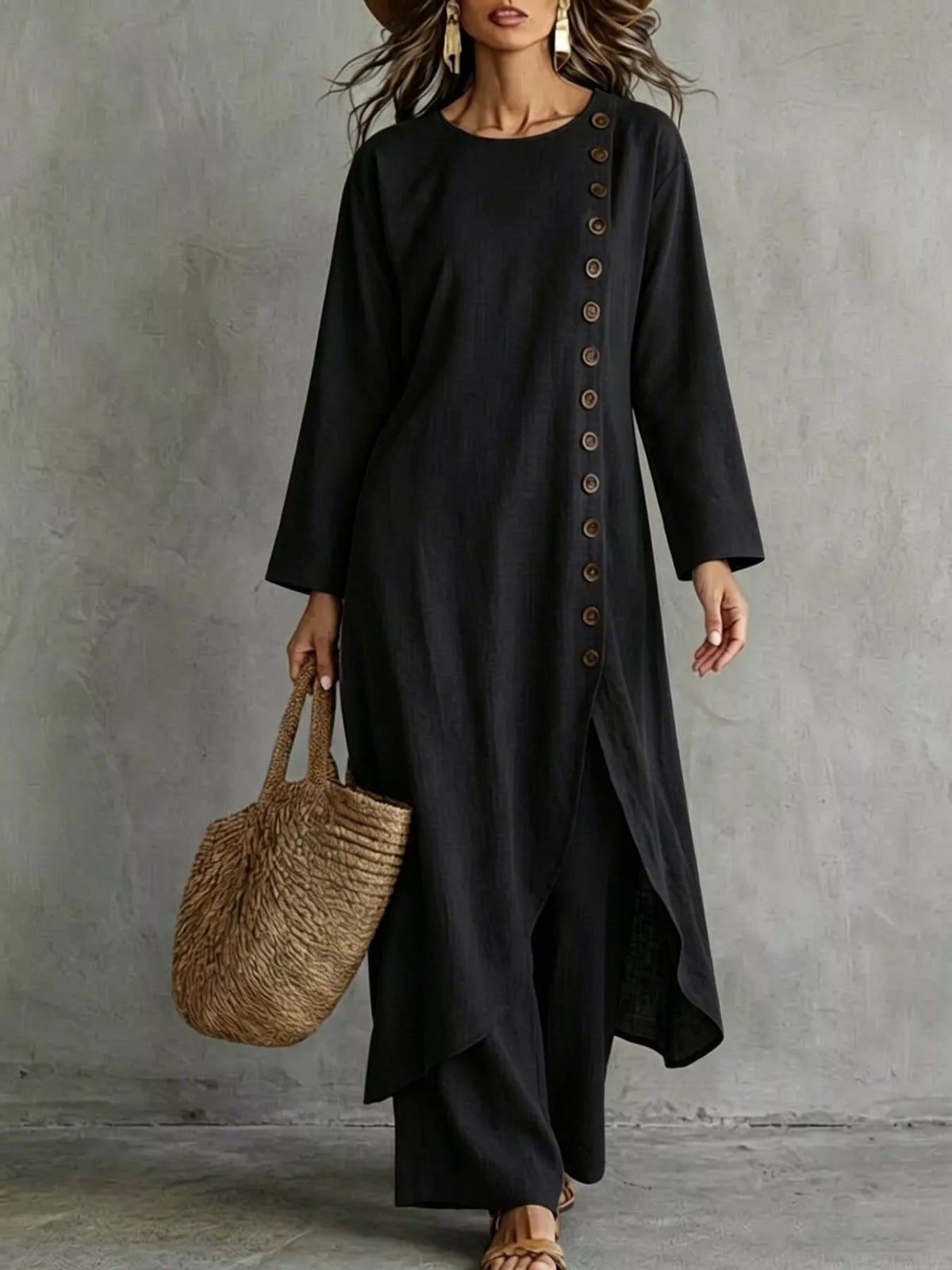 Black longline top and pants set, round neck, vertical side-button placket, draped hem