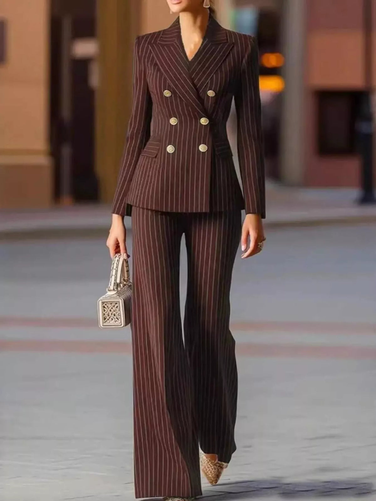 Pinstripe double-breasted blazer and wide-leg pants set in dark plum-brown with gold buttons.