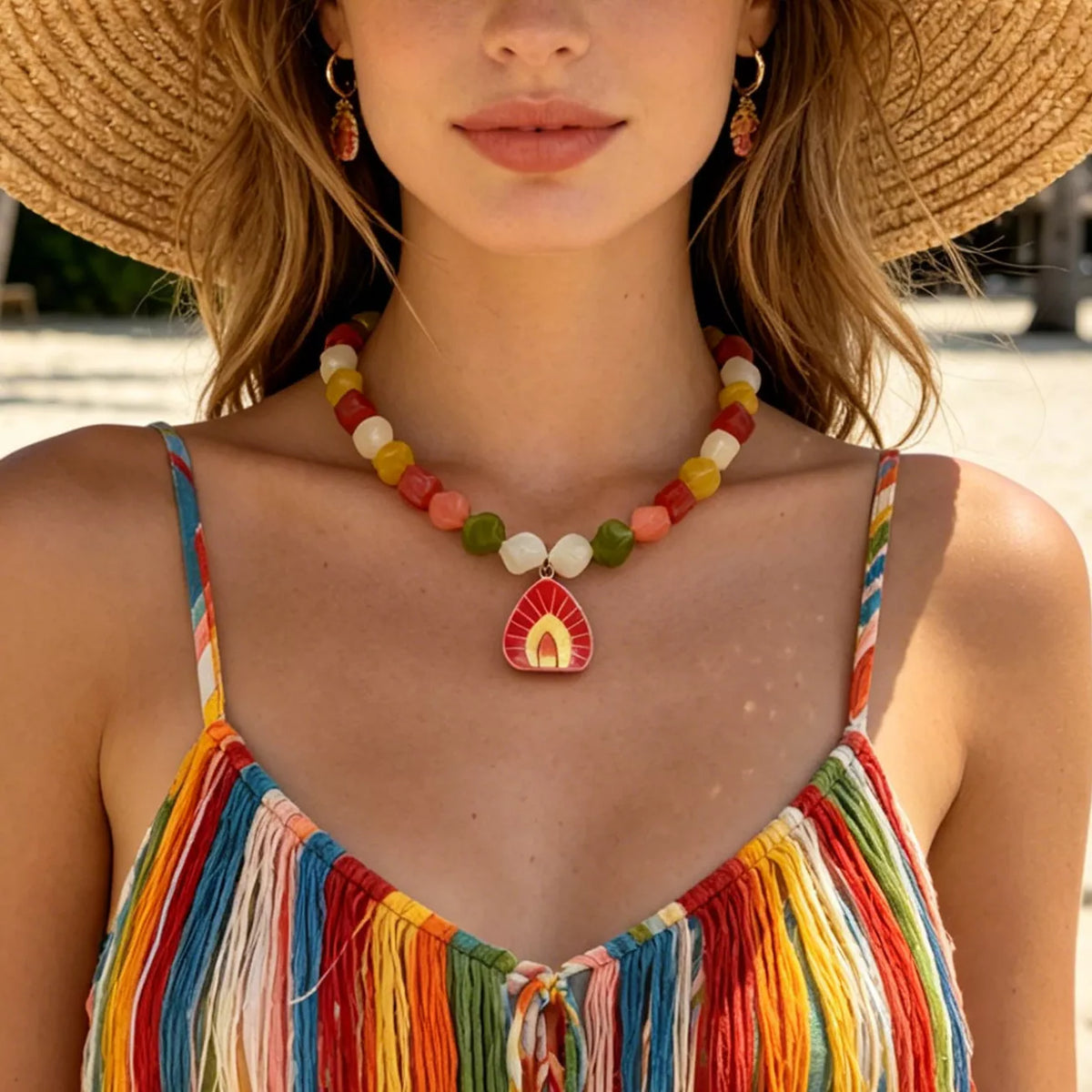 Beaded choker with colorful beads and a red resin arch pendant at center