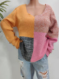 Color-block long sleeve sweater, ribbed V-neck, mustard/mauve/pink/charcoal panels