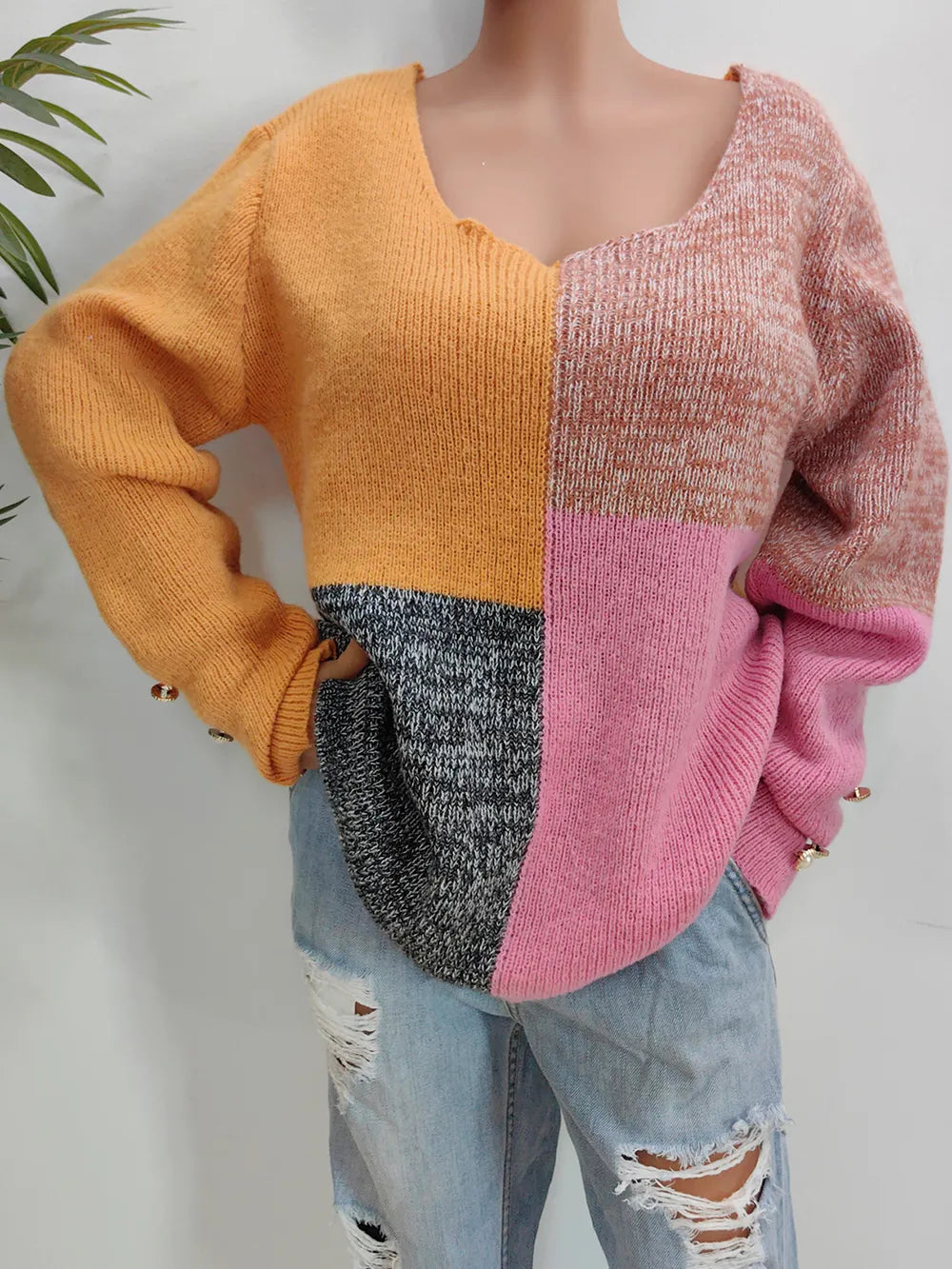 Color-block long sleeve sweater, ribbed V-neck, mustard/mauve/pink/charcoal panels