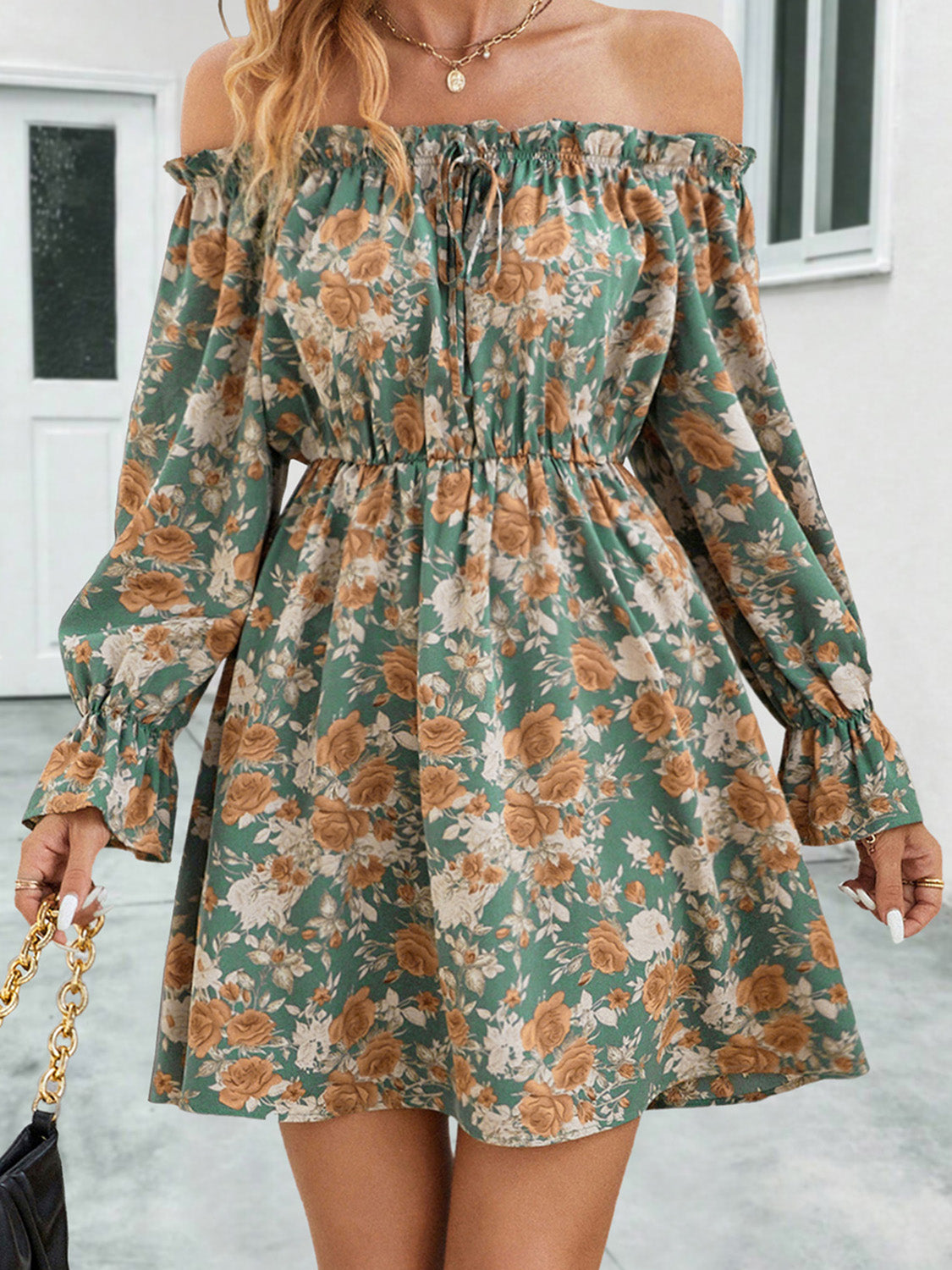 Light green floral off-shoulder dress with ruched bodice, gathered waist, flounce sleeves