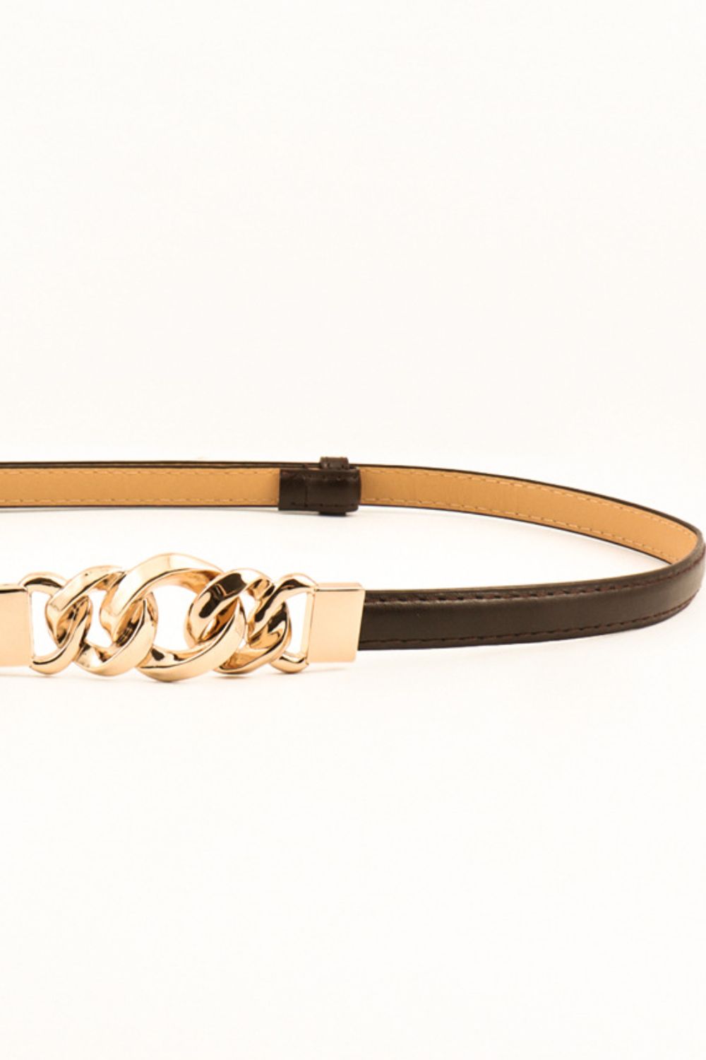 Skinny vegan leather belt with gold chain-link buckle, tan and dark brown strap