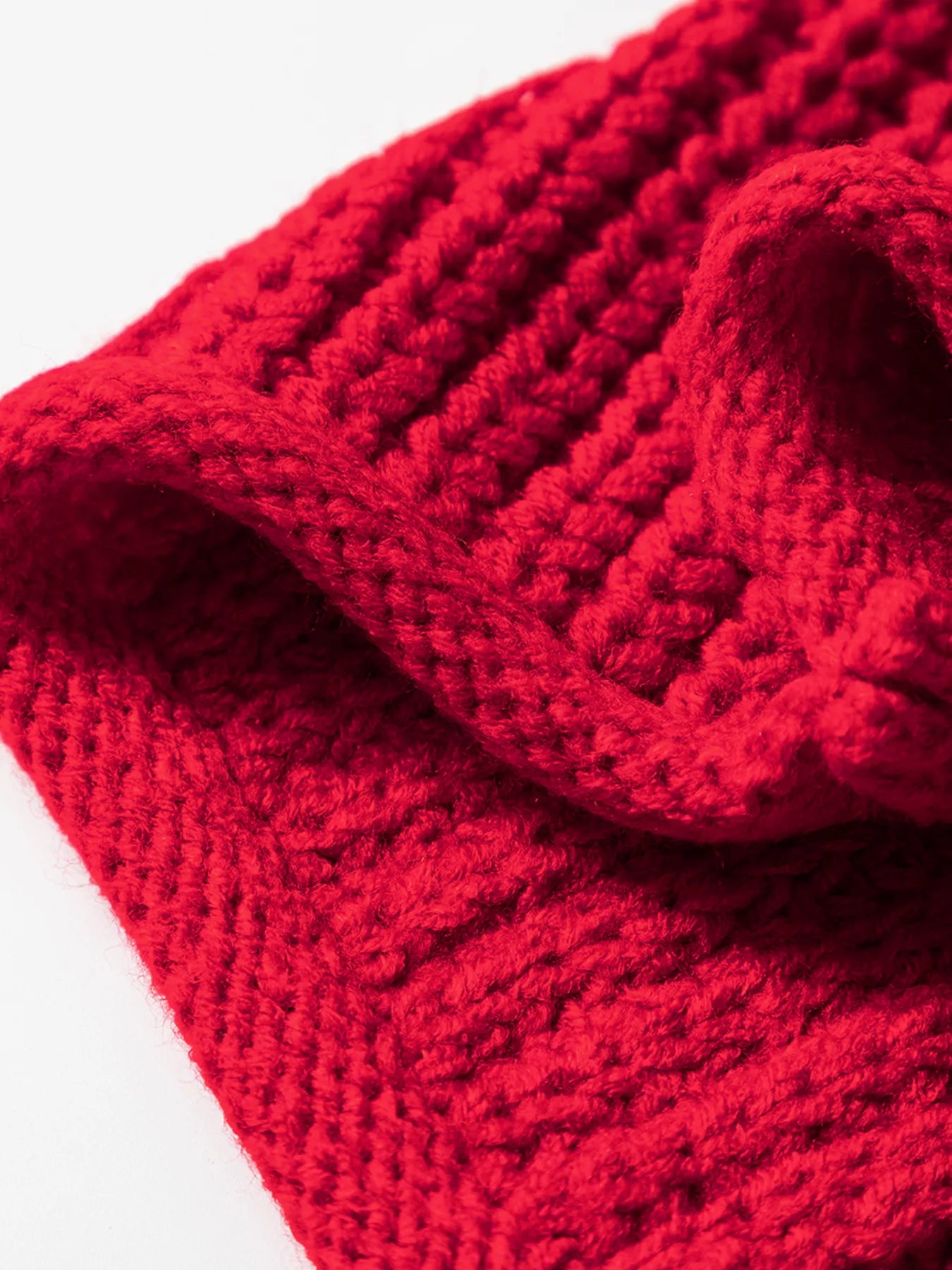 Deep red textured knit hooded sweater with chunky hood