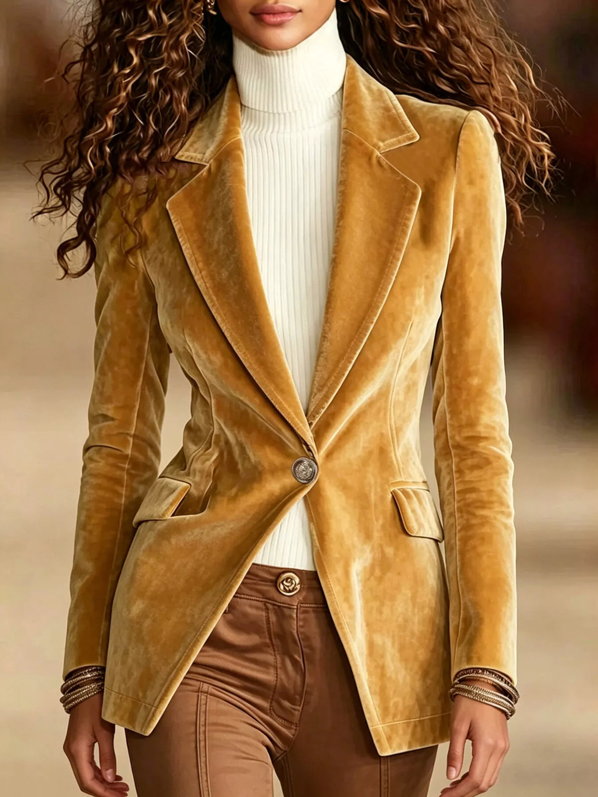 Gold velvet one-button long-sleeve blazer with notch lapels and flap pockets