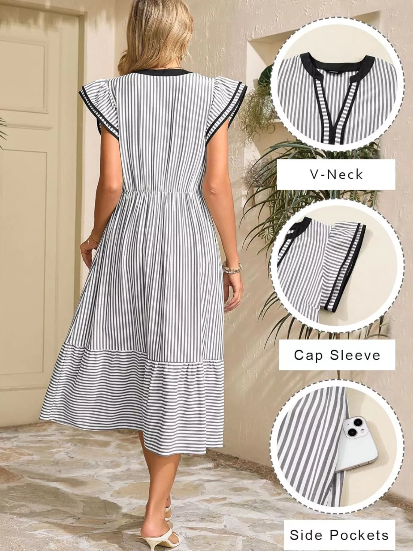 Black and white striped midi dress back view with ruffle cap sleeves and side pockets