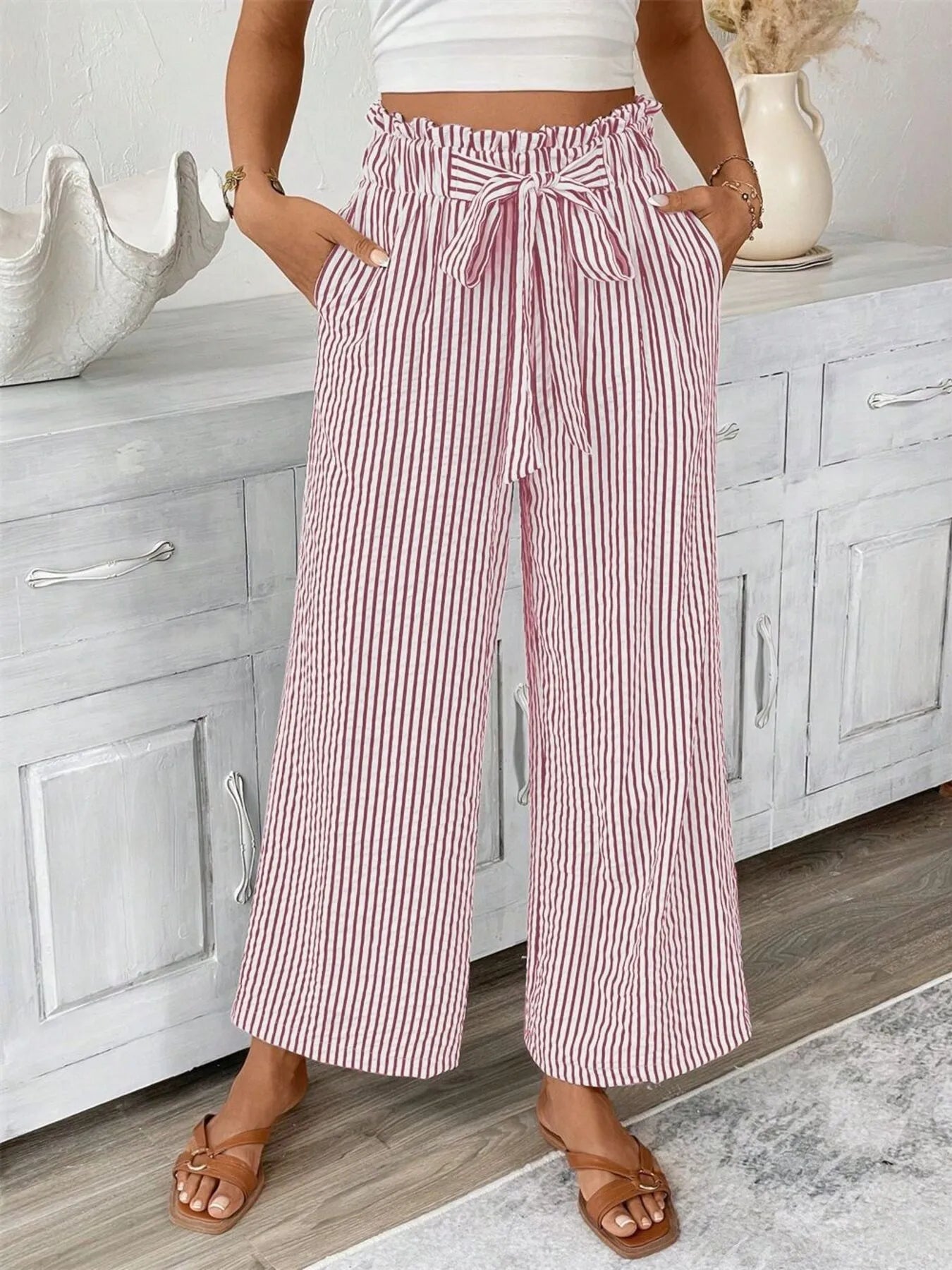 Striped paper bag waist wide-leg pants, dusty pink and white pinstripe, tie waist