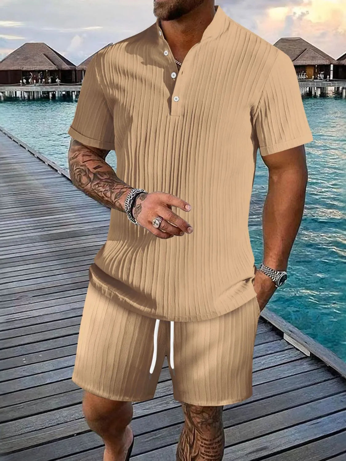 Men's ribbed short sleeve button top and matching drawstring shorts set, beige