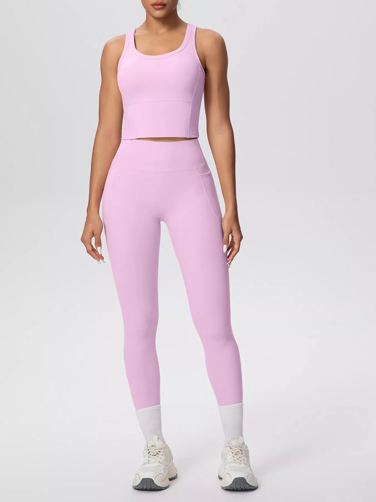 Blush pink scoop-neck cropped tank and high-waist leggings set with ankle-length fit