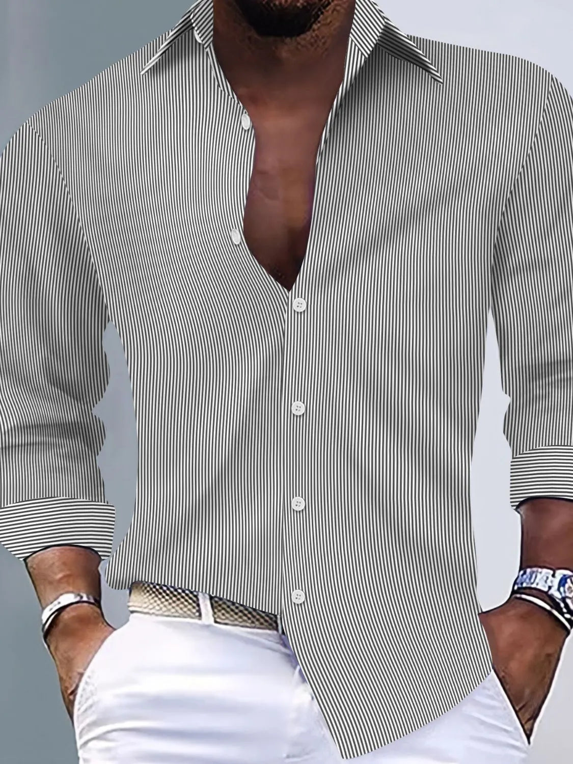 Men's striped button-up long sleeve shirt, dark gray with white pinstripes