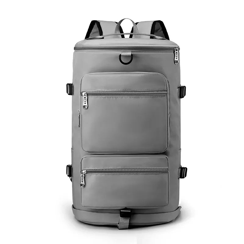 Large travel backpack with two front zip pockets and top handle, light gray