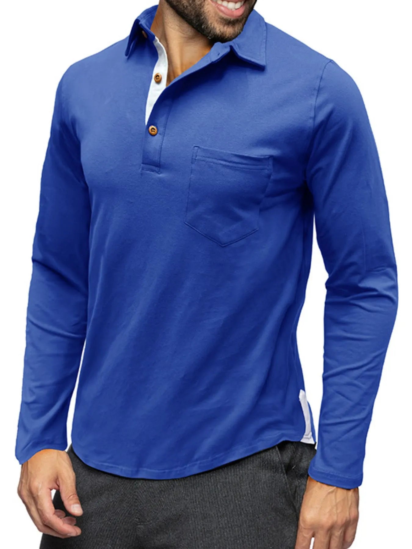 Men's long sleeve polo shirt in blue, with chest pocket and button placket.