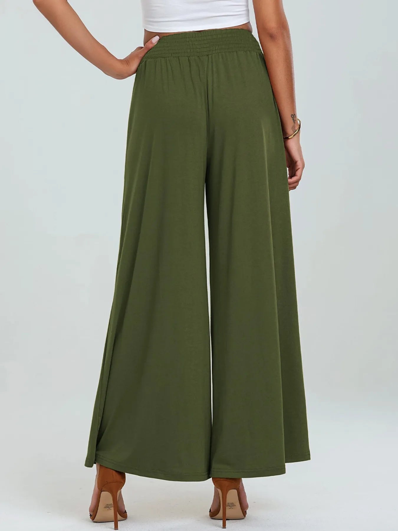 High-waisted wide-leg pants, olive green, elastic waistband, side pockets