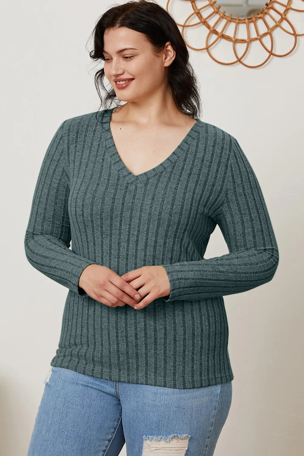 Cedar & Moore Basic Bae ribbed V-neck long-sleeve tee in teal knit