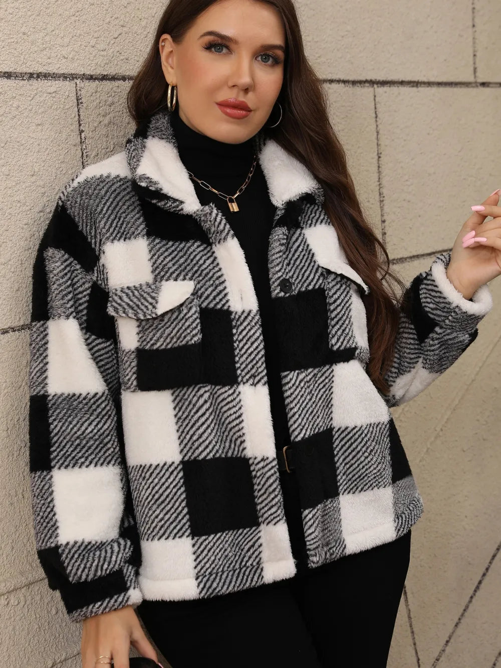 Black-and-white plaid jacket, sherpa collar, front pockets, button closure
