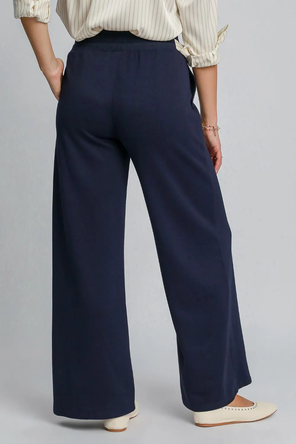 Midnight navy wide-leg pants with elastic drawstring waist