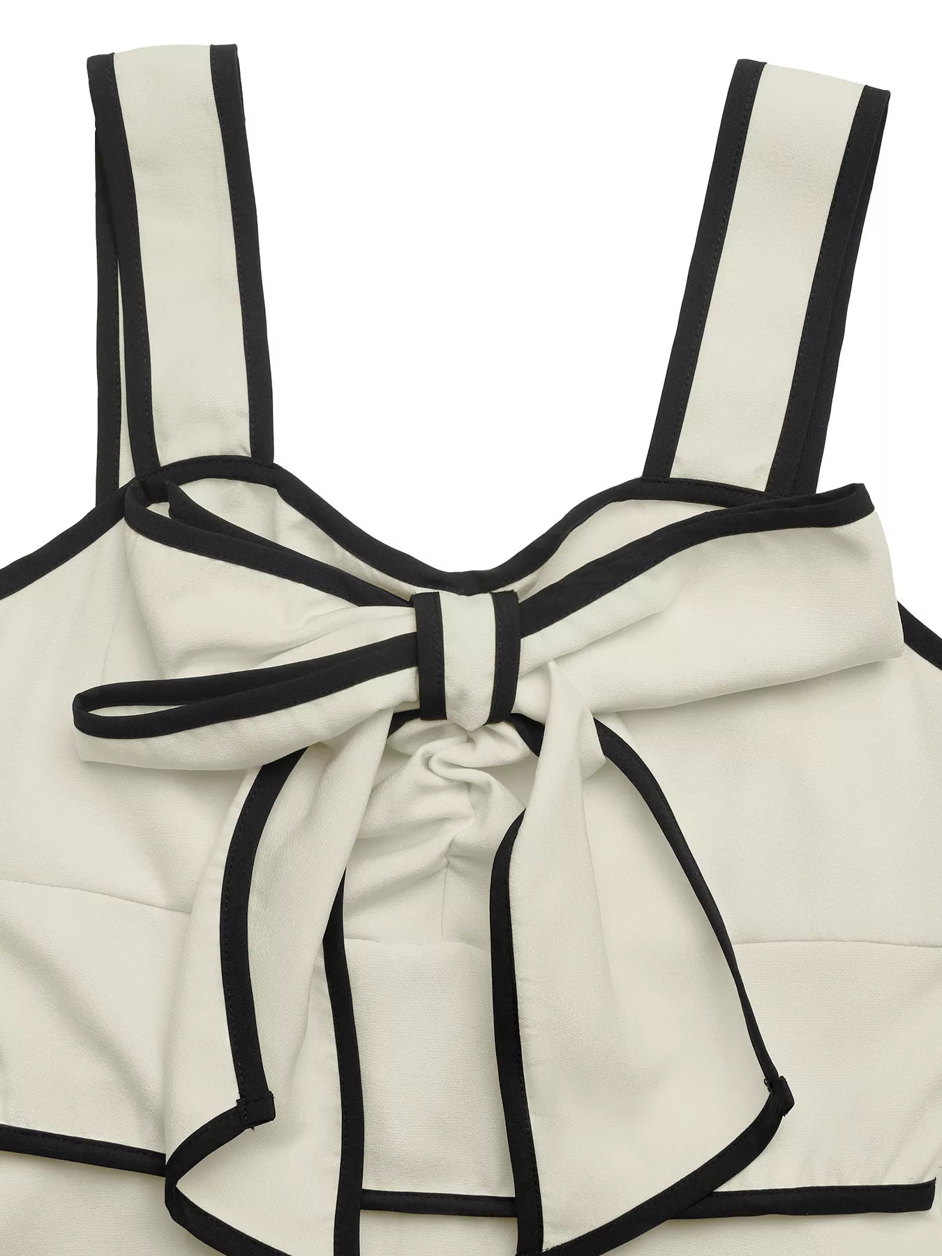 Cedar & Moore Bowknot Trim A-Line Midi Dress in cream with black piping, bow detail, and zipper