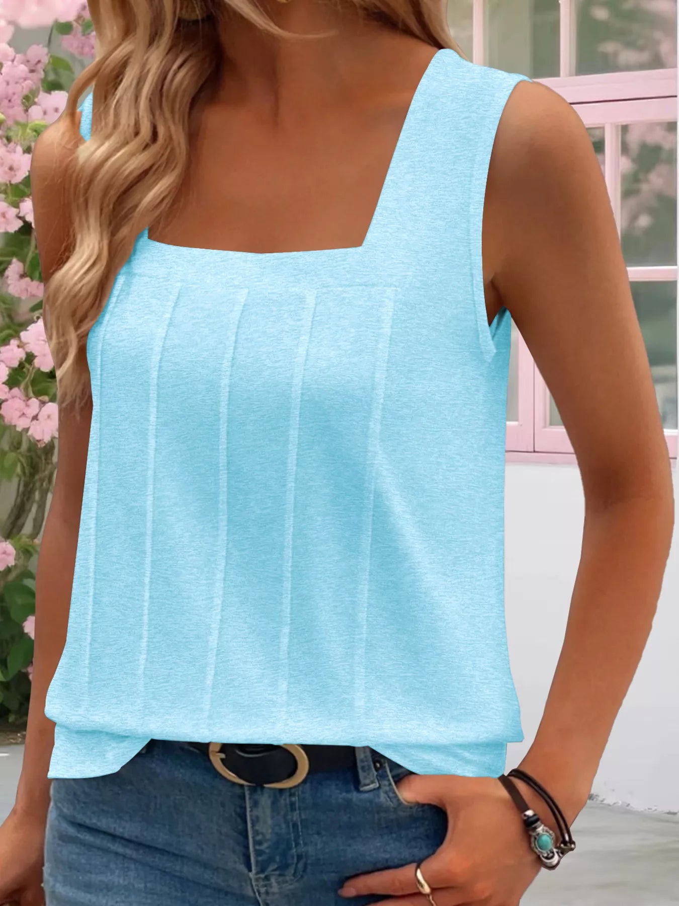 Cedar & Moore Square Neck Tank Top in light blue, basic style by Trendsi