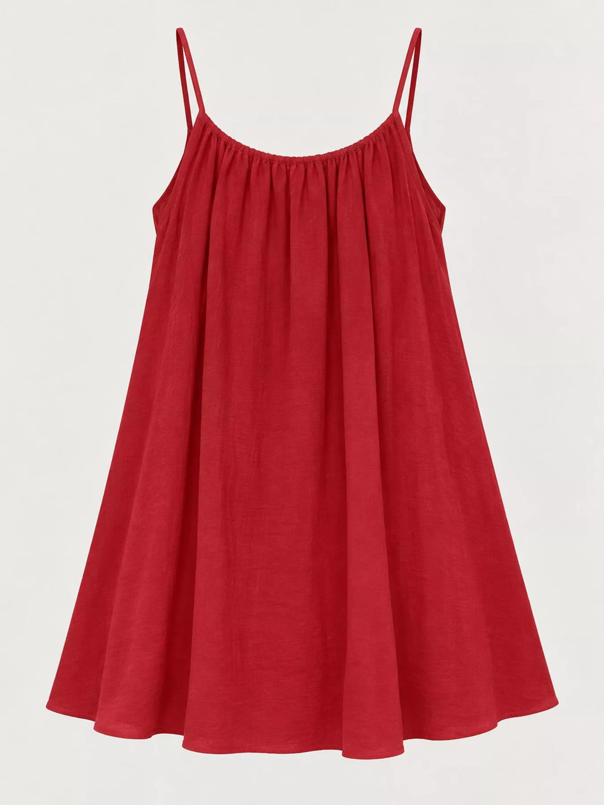 Red backless spaghetti strap mini dress, gathered neckline and flared pleated skirt