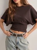 Cedar & Moore Batwing Sleeve Fitted Waist T-Shirt in brown by Trendsi