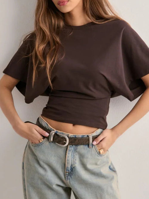 Dark brown batwing sleeve fitted-waist T-shirt, crew neck, short sleeves