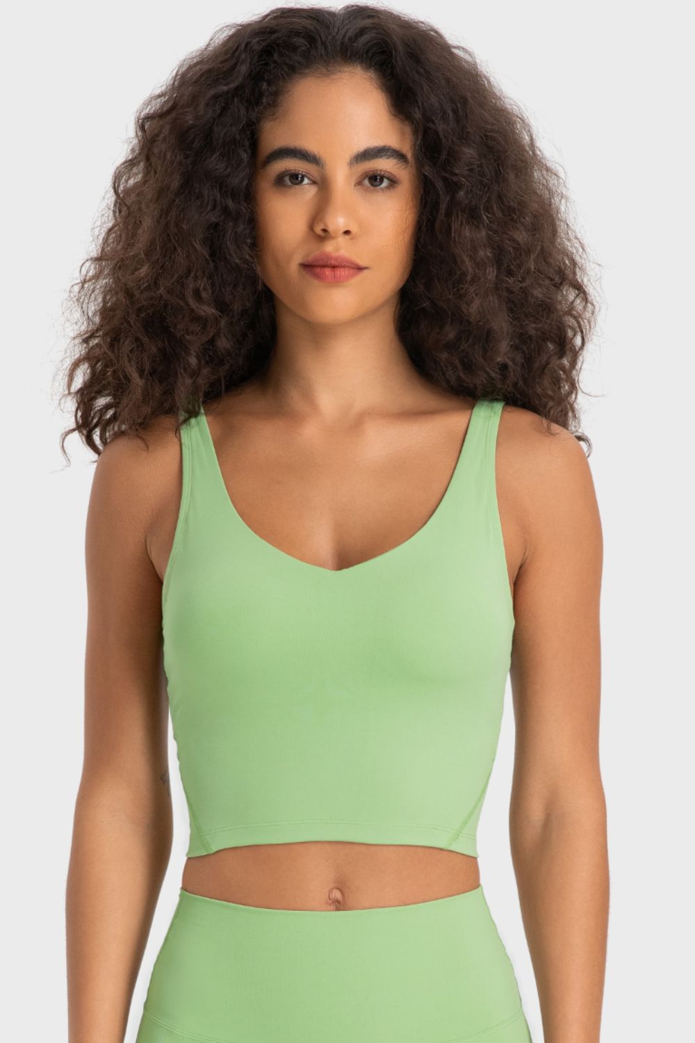 Deep V-neck crop sports bra, light green V-neck with racerback straps